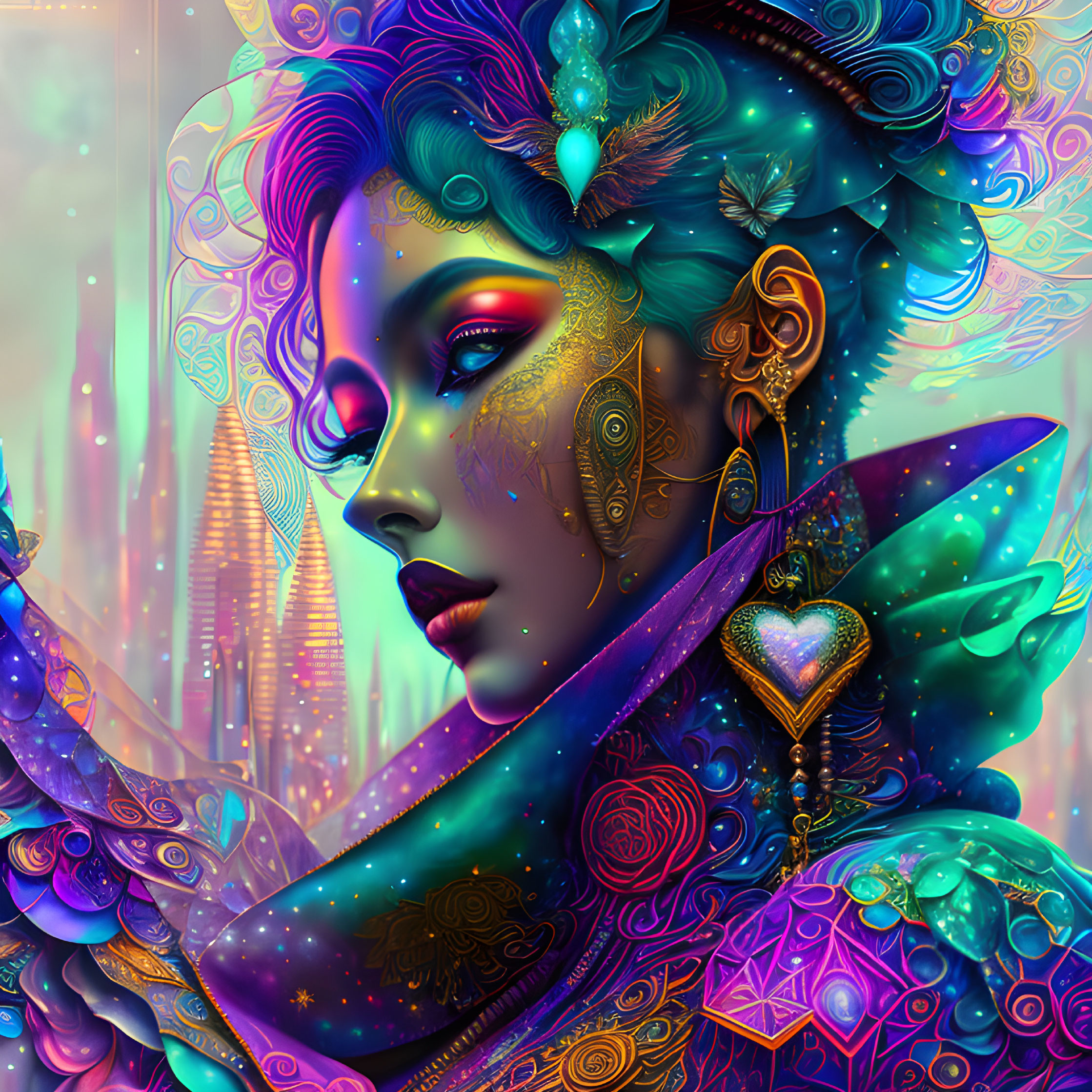 Colorful digital artwork: Woman with blue skin, golden patterns, feathers, and jewel textures.