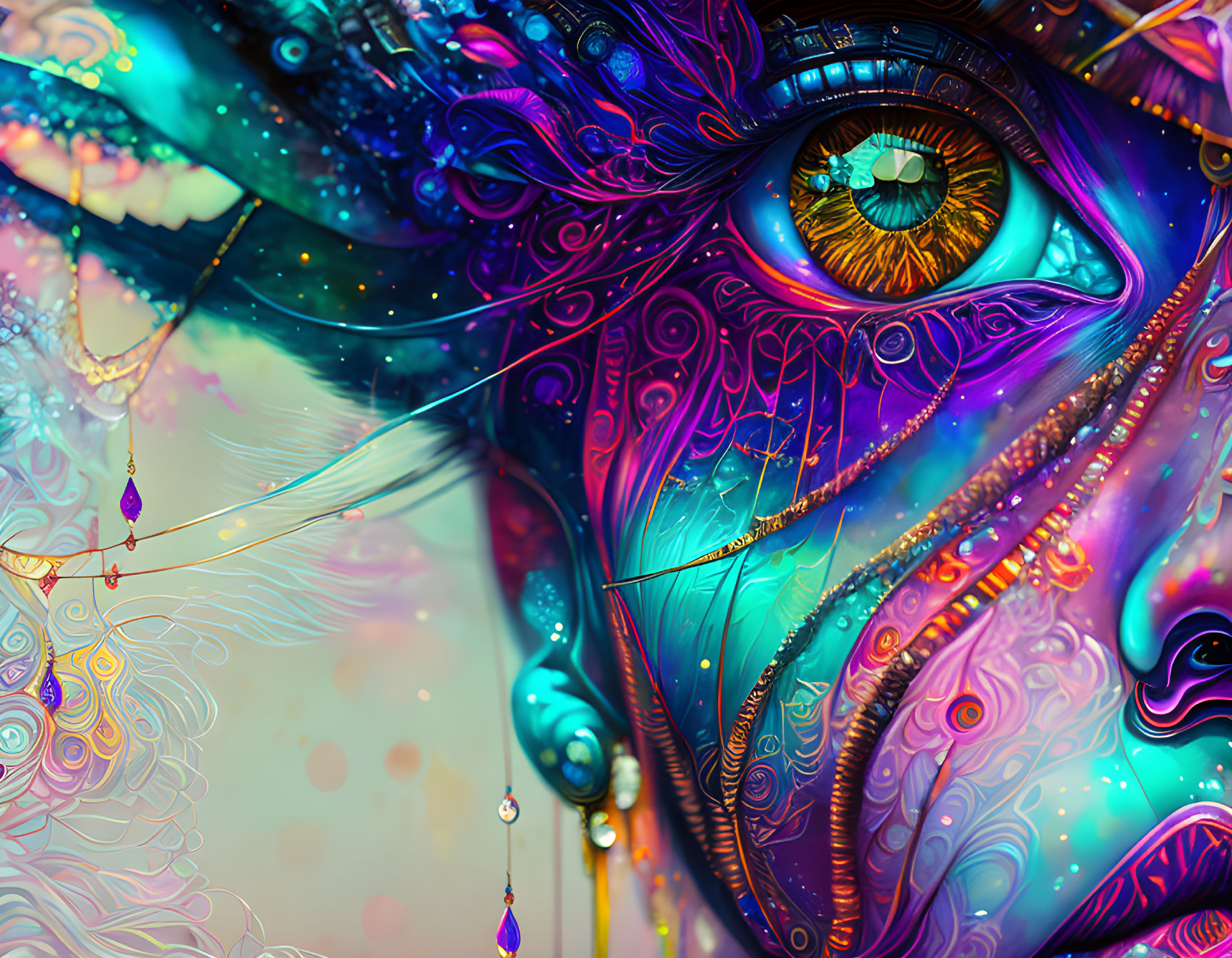 Colorful digital artwork: Intricate eye with swirling patterns, iridescent hues, jewels, feathers