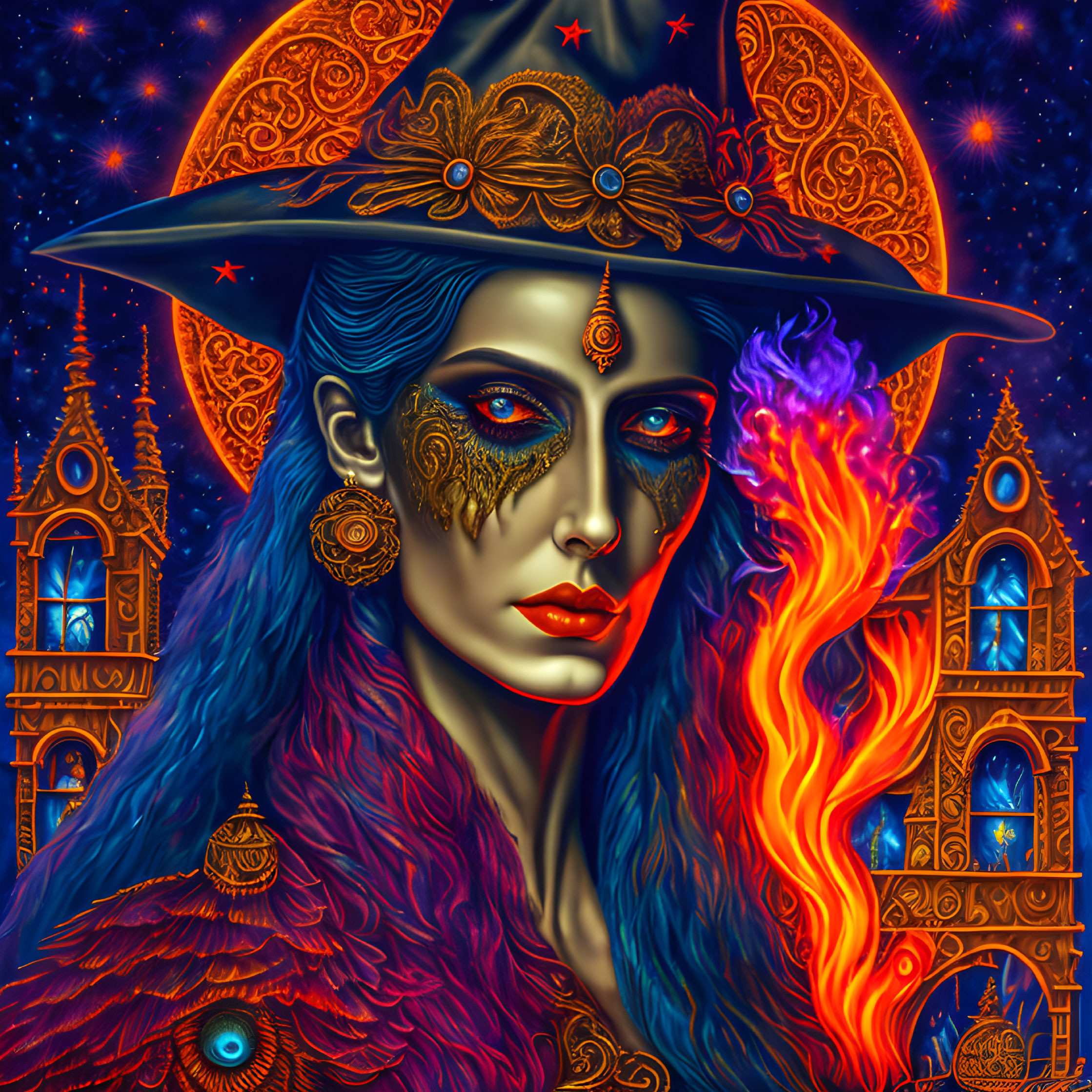 Illustration of mystical woman with blue skin, flame, starry sky, and castle.