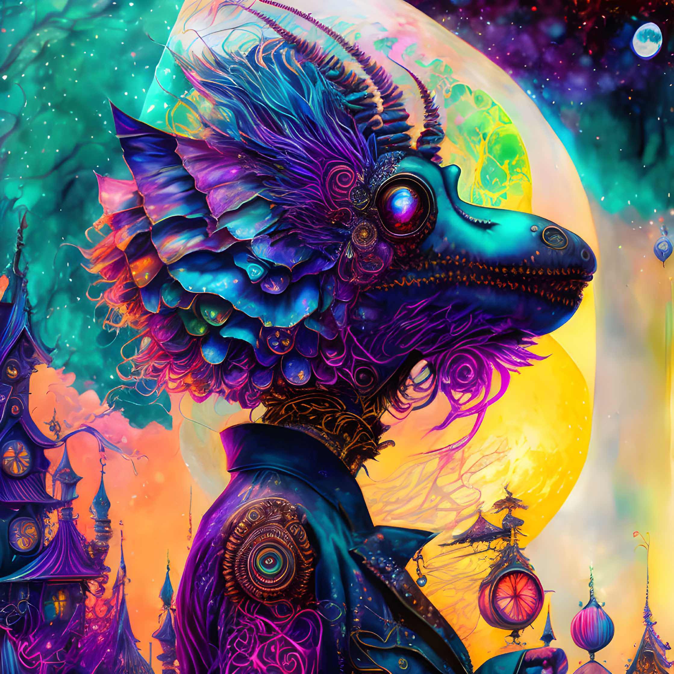 Colorful fantasy illustration: intricate creature, floating castles, cosmic backdrop