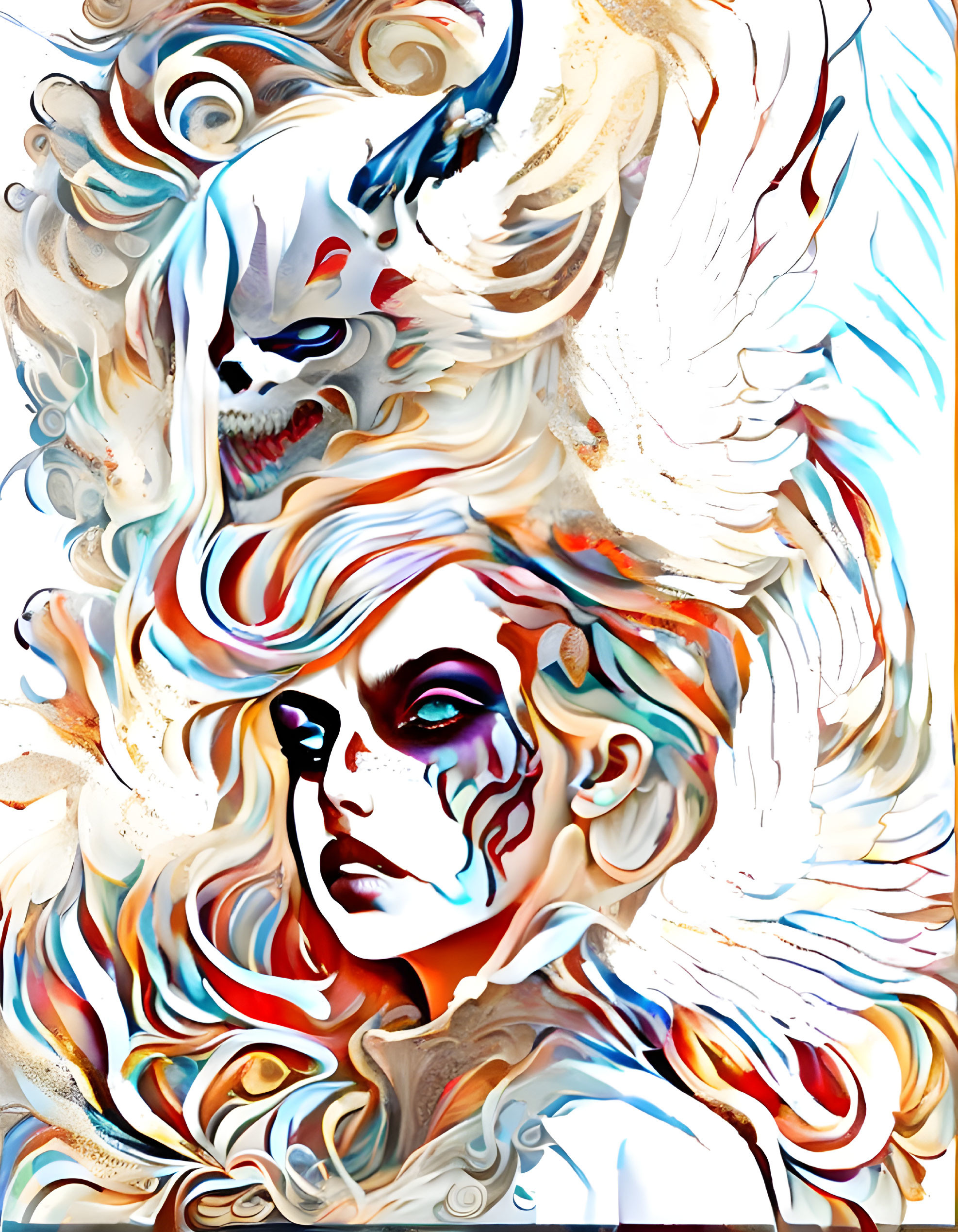 Colorful Stylized Woman with Swirling Hair and Skull on Abstract Background