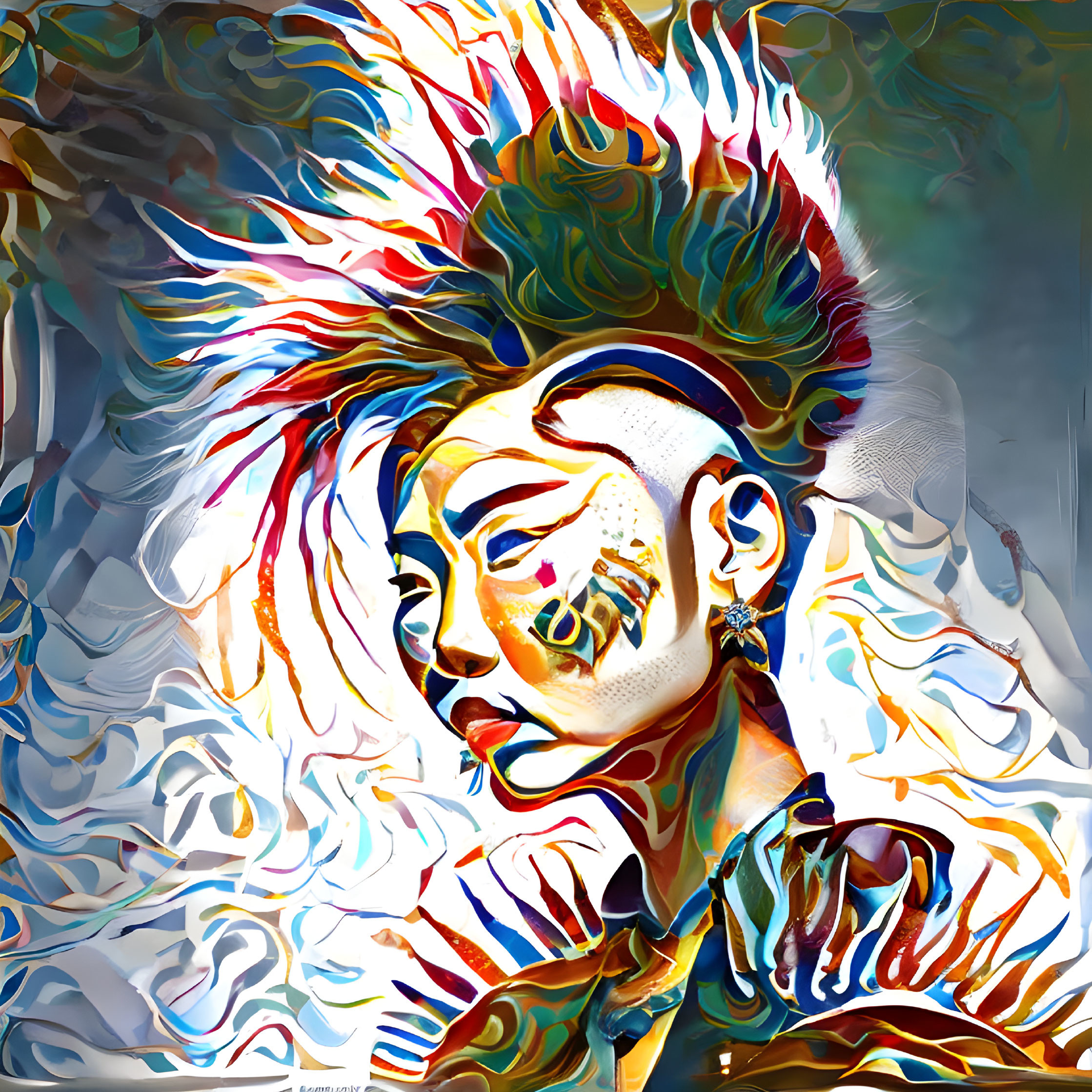 Colorful digital painting of a person with multicolored mohawk and striking makeup against abstract background