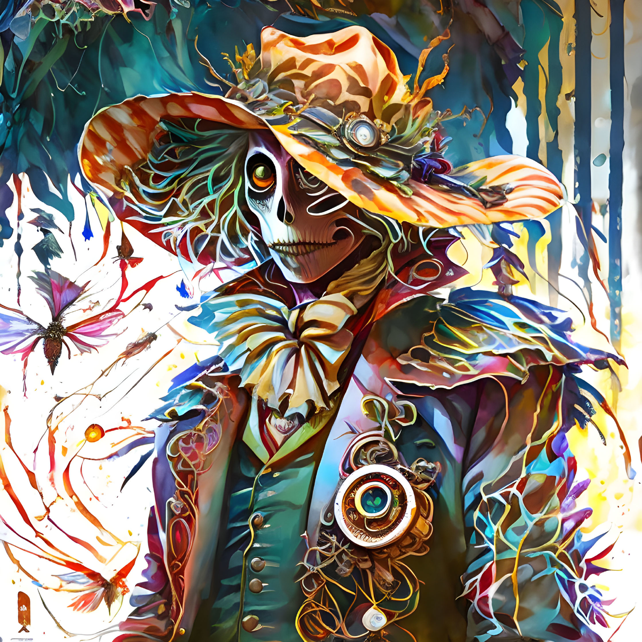 Whimsical character with wide-brimmed hat and dragonflies