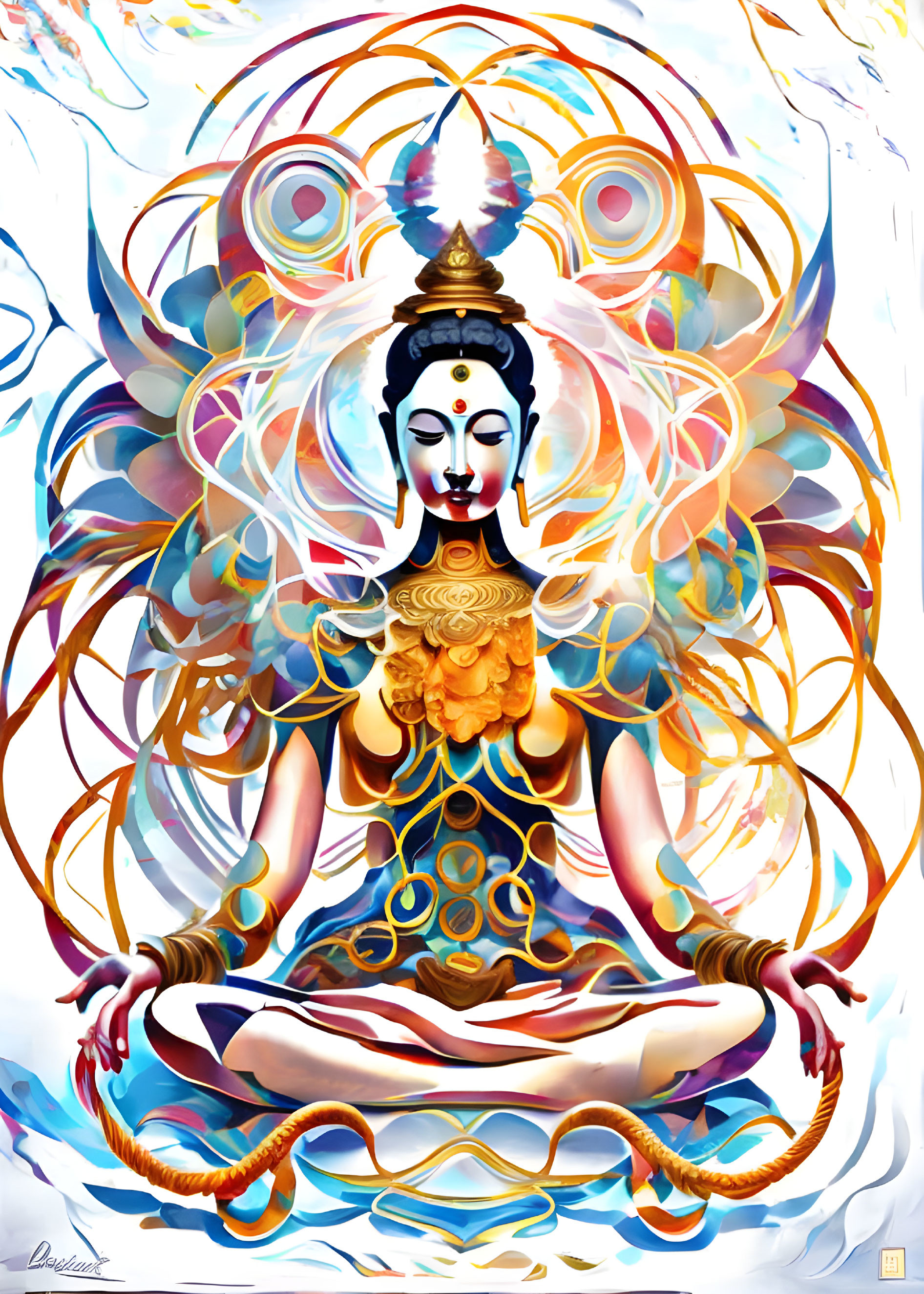 Multicolored illustration of meditative figure with ornate patterns