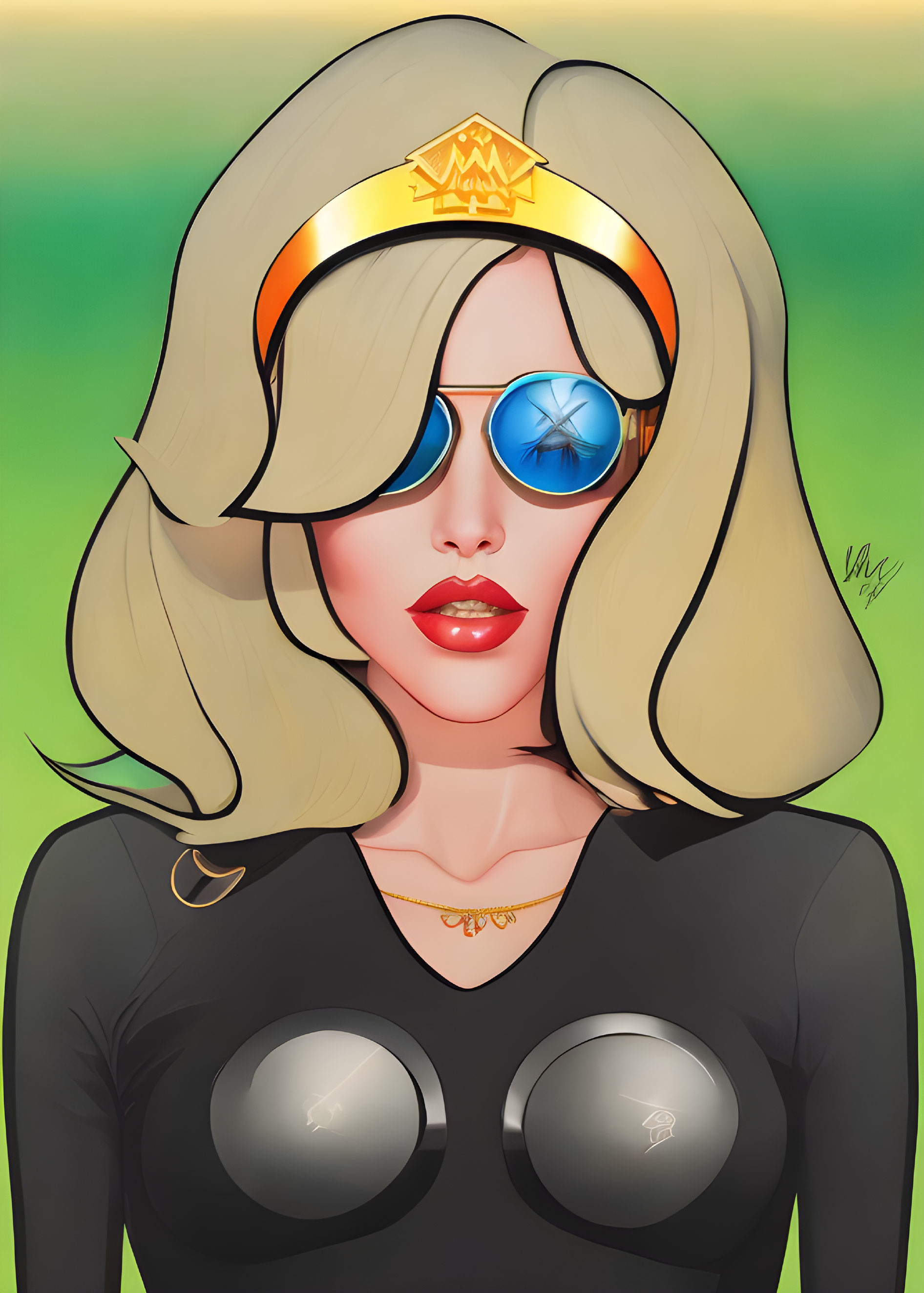 Stylized woman illustration with blonde hair, gold tiara, blue sunglasses, and star-emblem