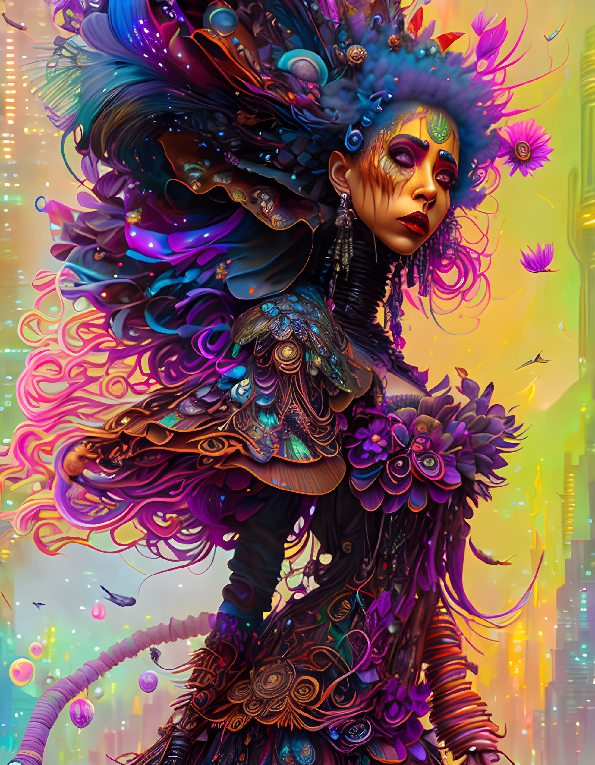 Colorful digital artwork: Woman in feathered headdress against futuristic cityscape