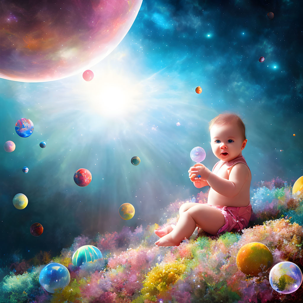 Baby surrounded by colorful planets and flowers in cosmic setting