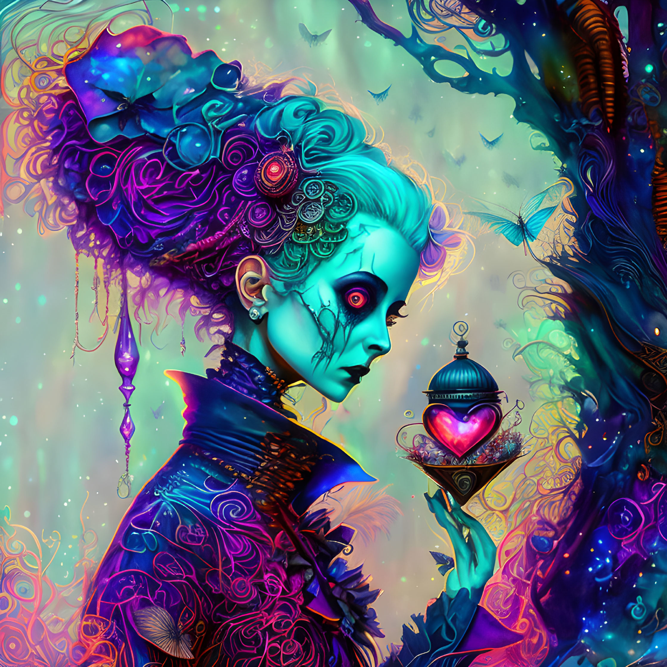 Detailed illustration of fantastical woman with blue skin, baroque hairstyle, glowing heart, against psychedelic backdrop