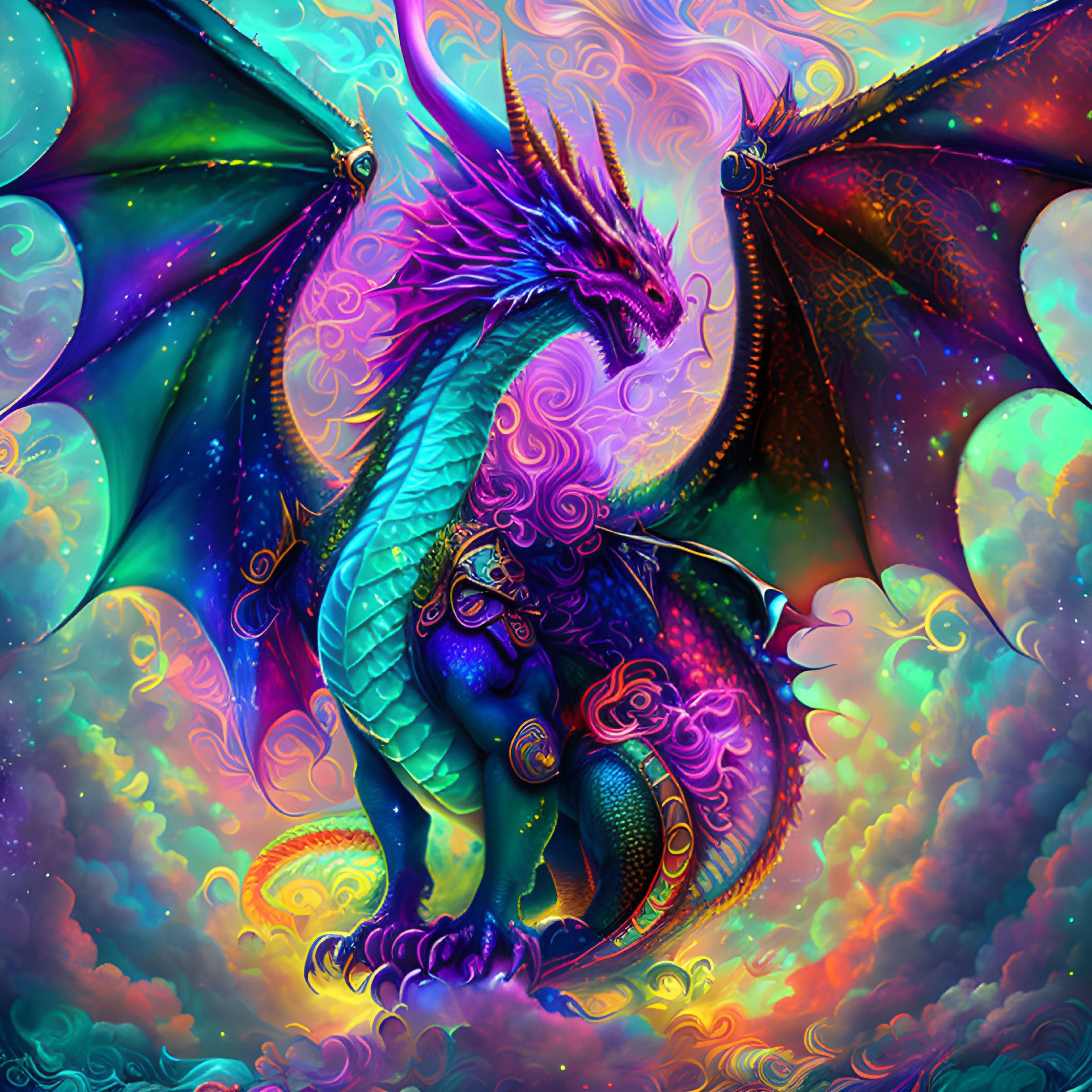 Colorful Dragon with Expansive Wings in Psychedelic Background