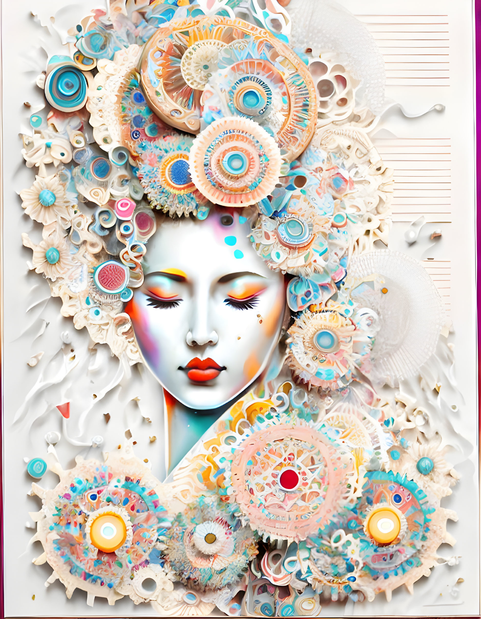 Vibrant 3D artwork of serene woman's face with mandala patterns