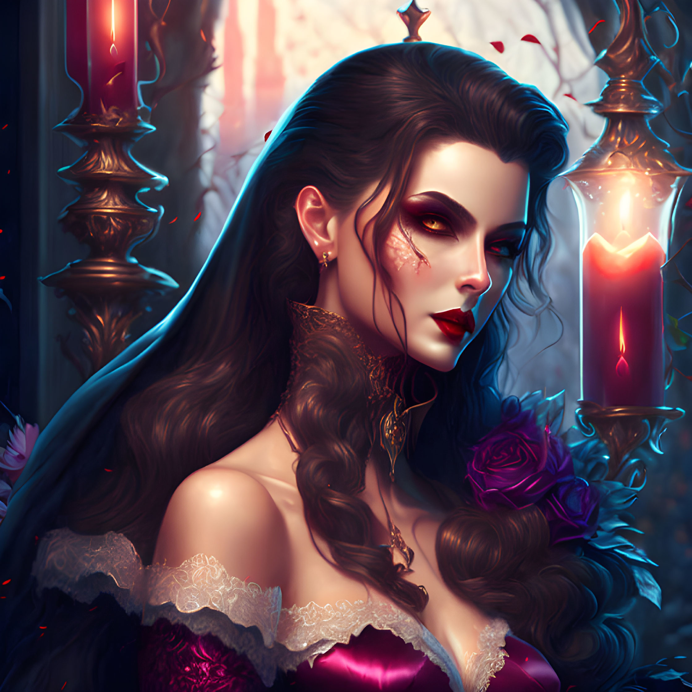 Gothic vampire woman with rose in ornate setting