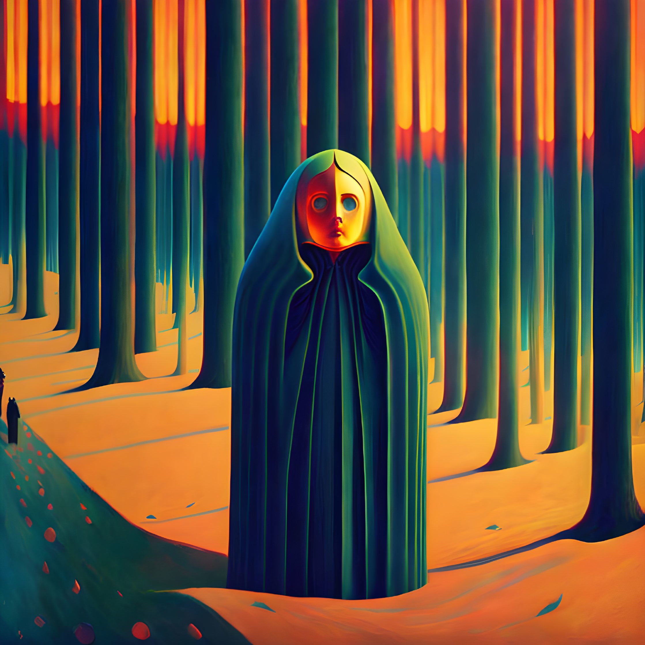 Surreal illustration: Cloaked figure in stylized forest