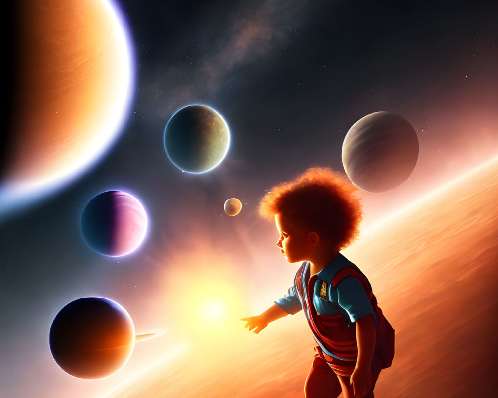 Child admires fantastical space scene with colorful planets and glowing sun