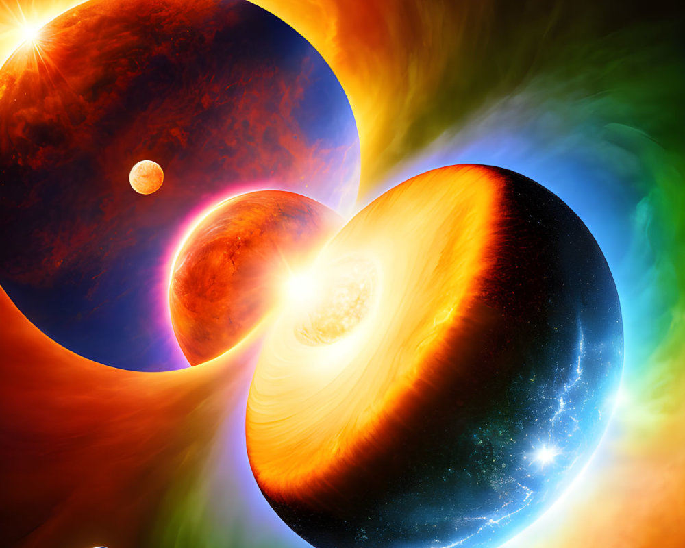 Colorful Cosmic Scene: Large Planets, Bright Star, Cosmic Energy