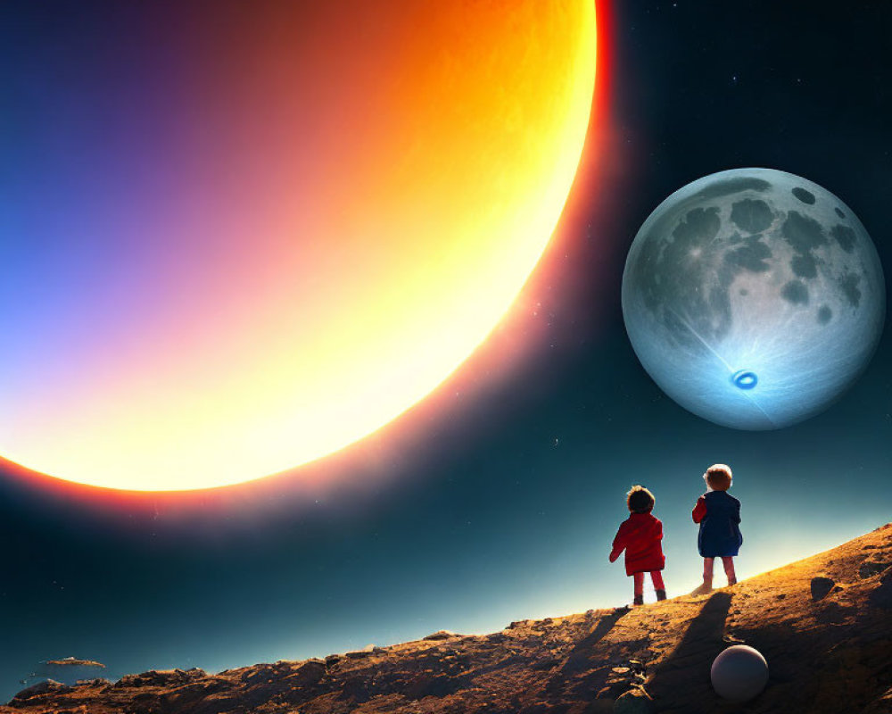 Children on barren landscape gazing at red planet and moon.