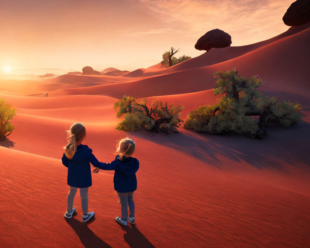 Children holding hands in desert sunset with sand dunes and warm sky