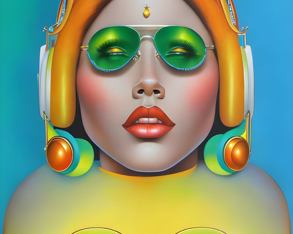 Stylized portrait of woman with green eyeshadow, yellow headphones, and sunglasses on blue background