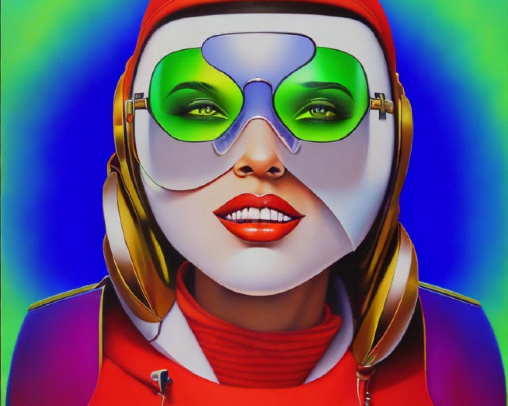 Colorful futuristic woman illustration with green goggles and red attire on gradient background