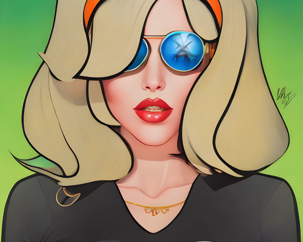 Stylized woman illustration with blonde hair, gold tiara, blue sunglasses, and star-emblem