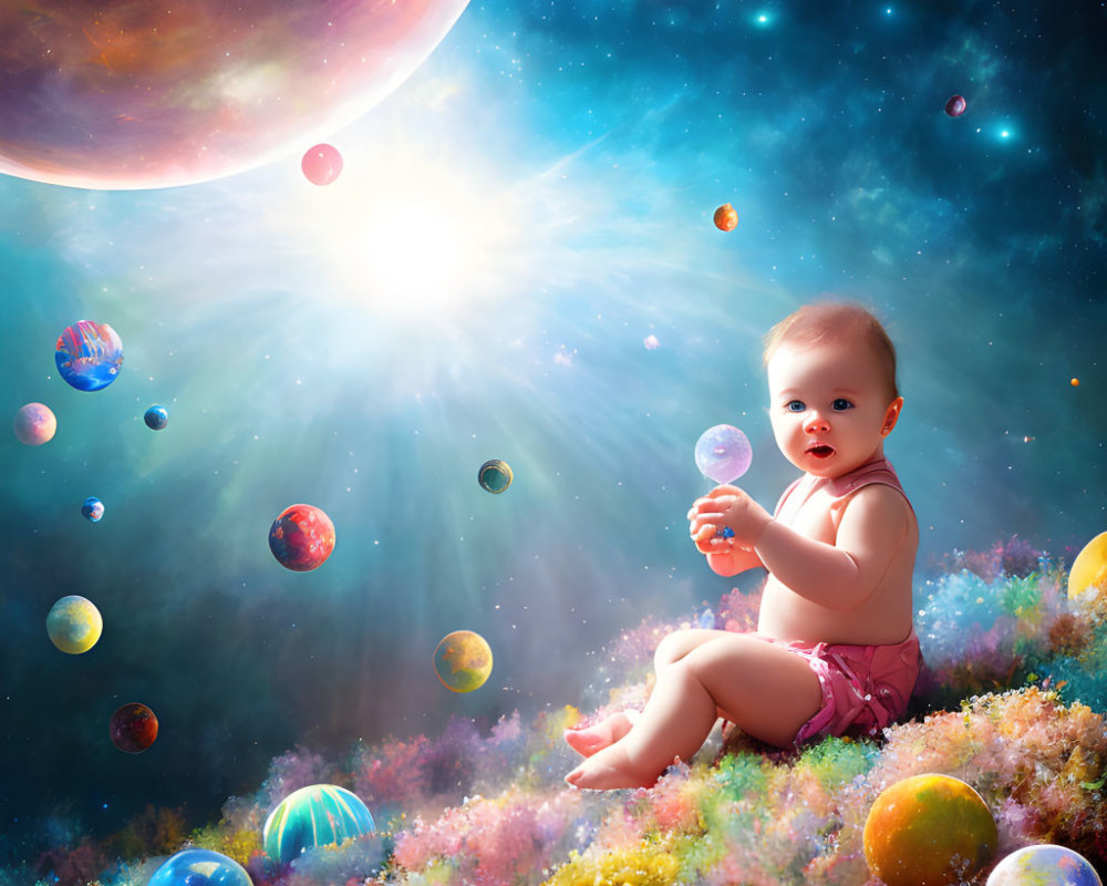 Baby surrounded by colorful planets and flowers in cosmic setting