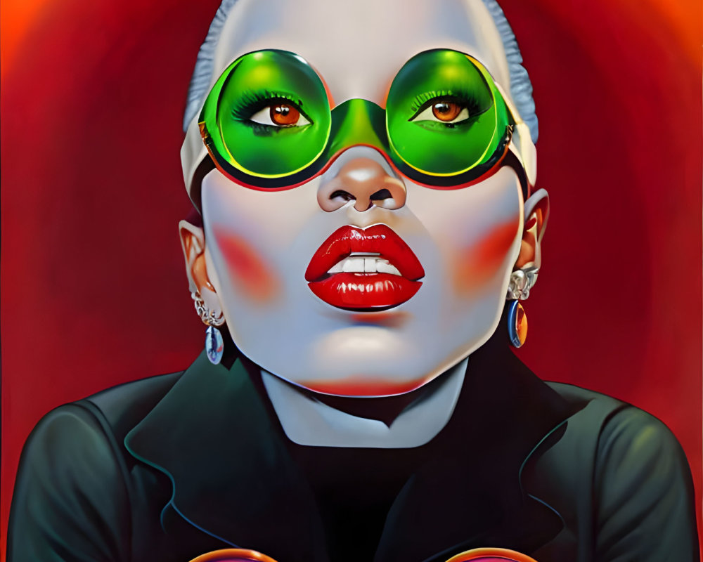 Stylized portrait of woman in green sunglasses and hoop earrings