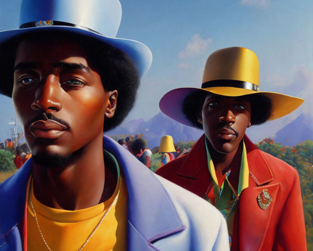 Colorful Suits & Wide-brimmed Hats Men Against Blue Skies & Mountains