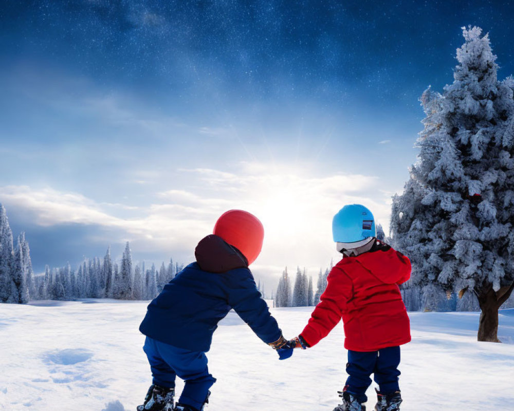 Children holding hands under starry winter sky in snowy landscape