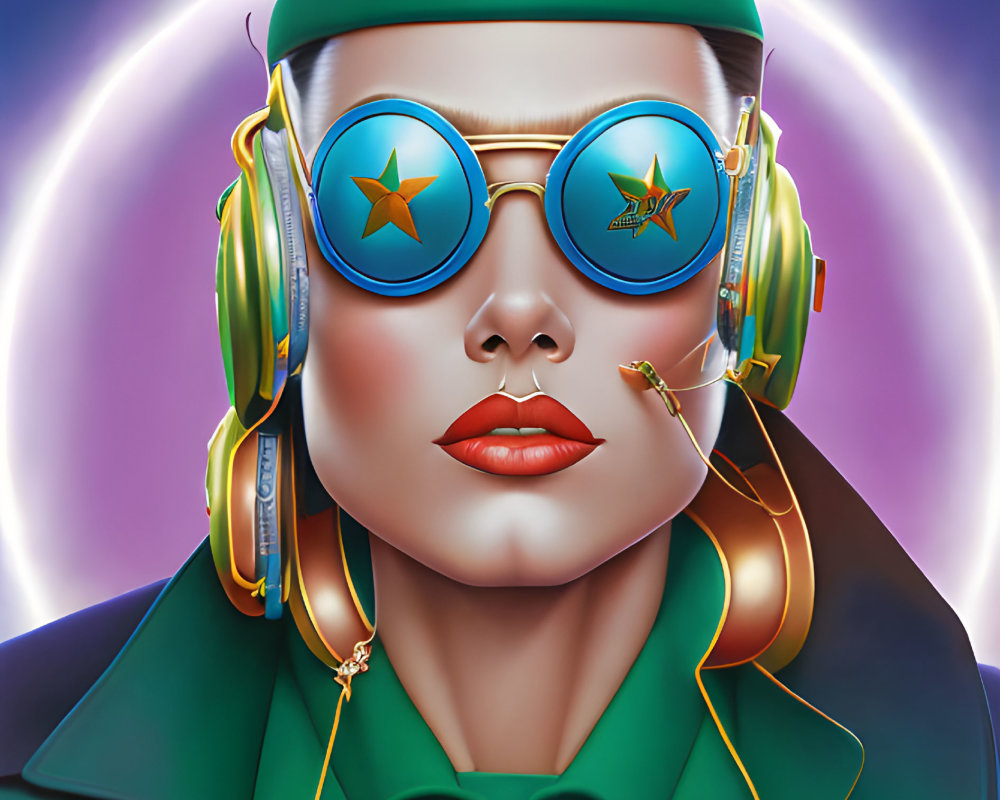 Colorful Illustration of Person in Star Sunglasses with Green Hat and Headphones