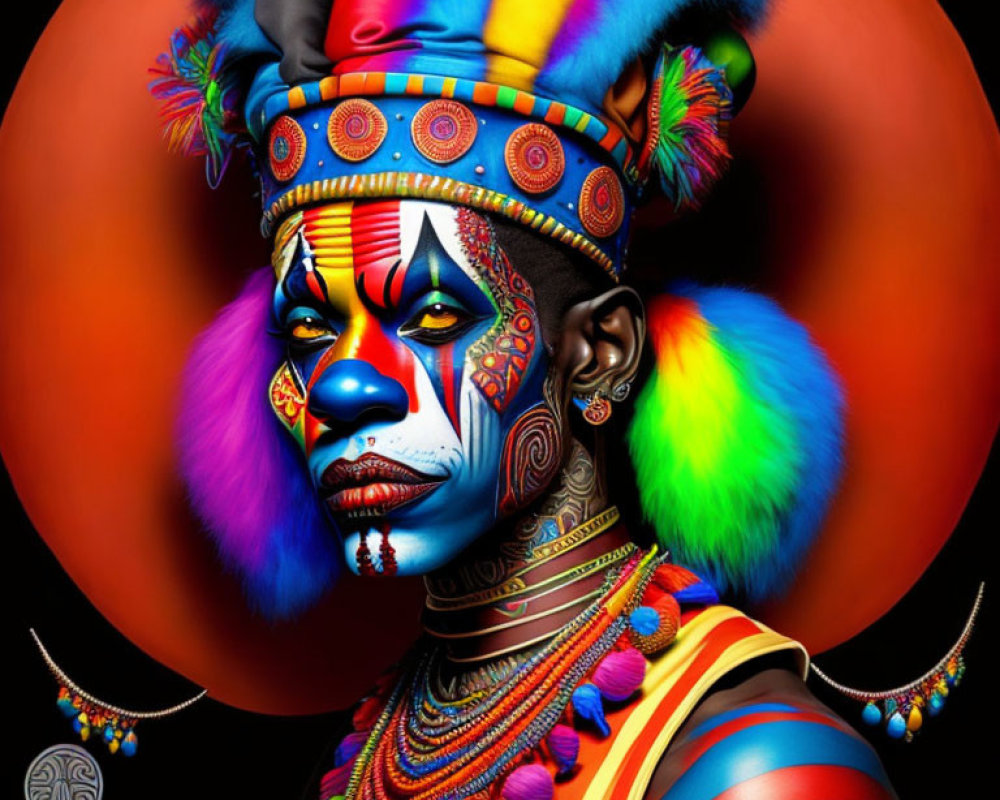 Colorful Cultural Portrait with Feathered Headdress on Dark Background