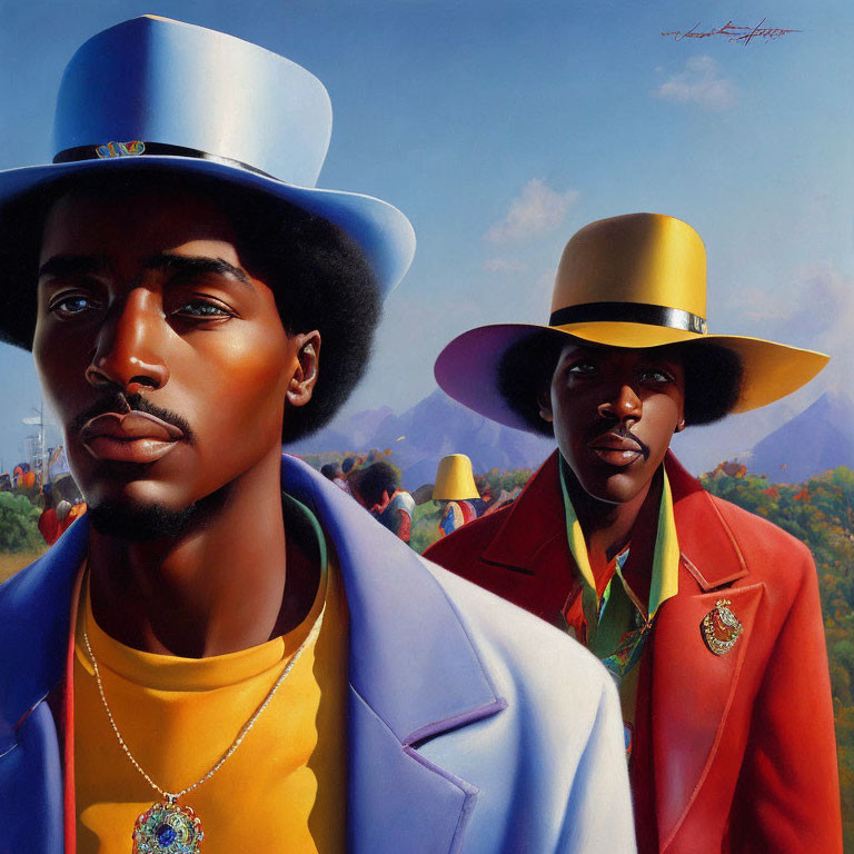 Colorful Suits & Wide-brimmed Hats Men Against Blue Skies & Mountains