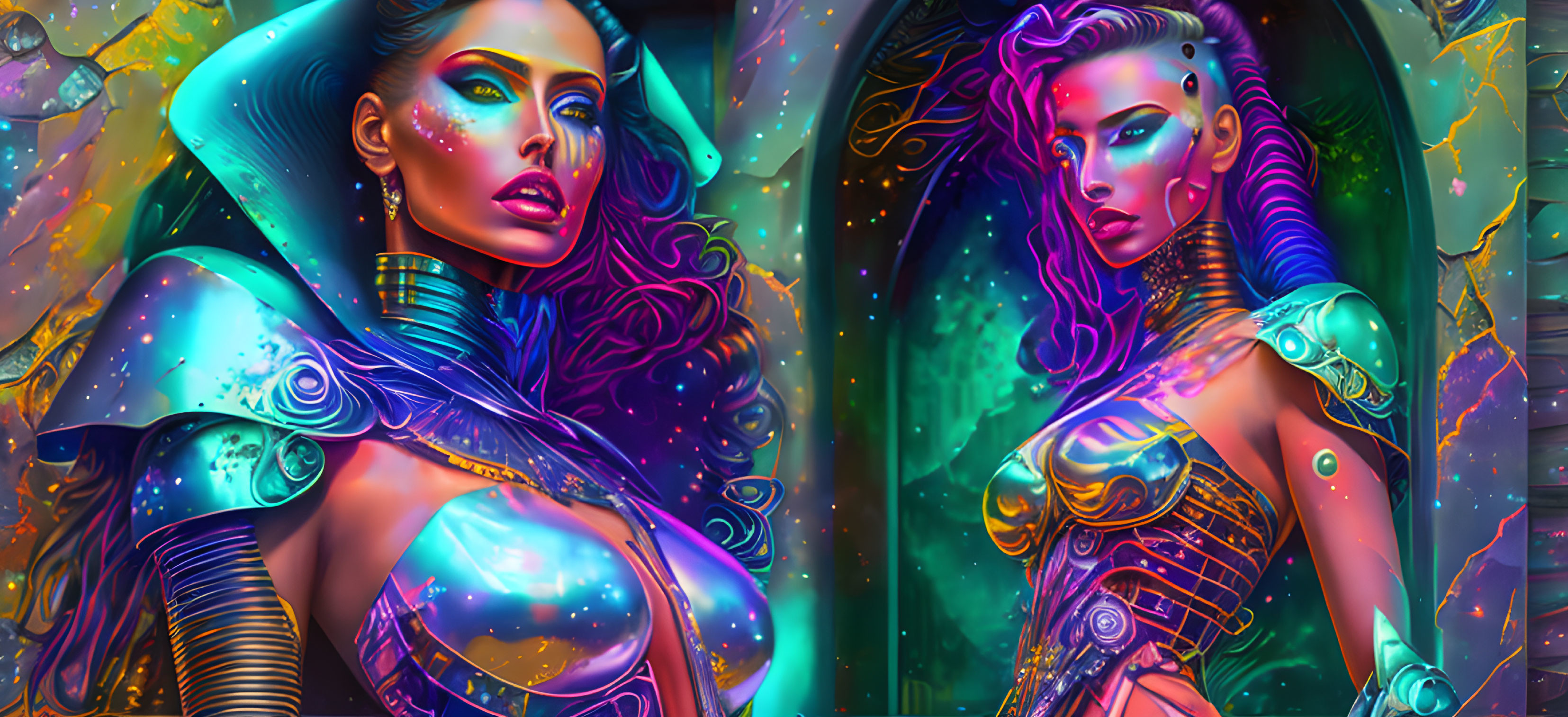 Vibrant sci-fi female characters in futuristic armor against cosmic backdrop