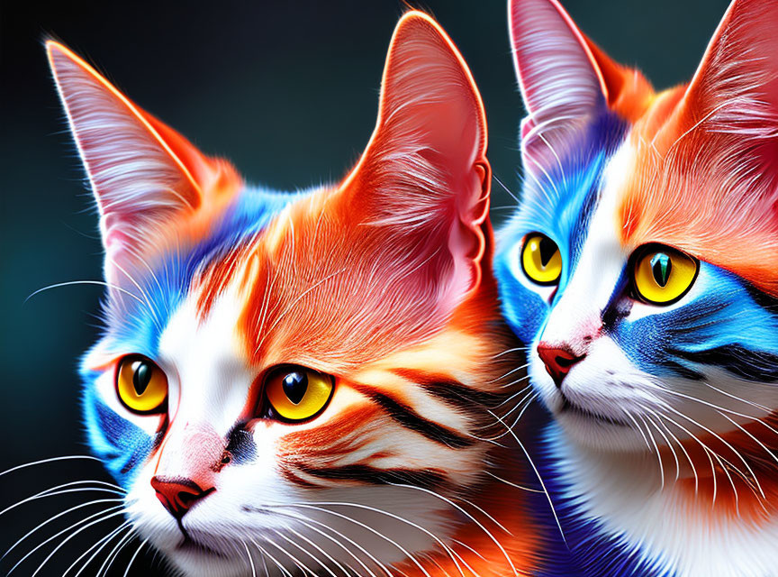 Vividly Colored Stylized Cats with Bright Orange, White, and Blue Fur Patterns