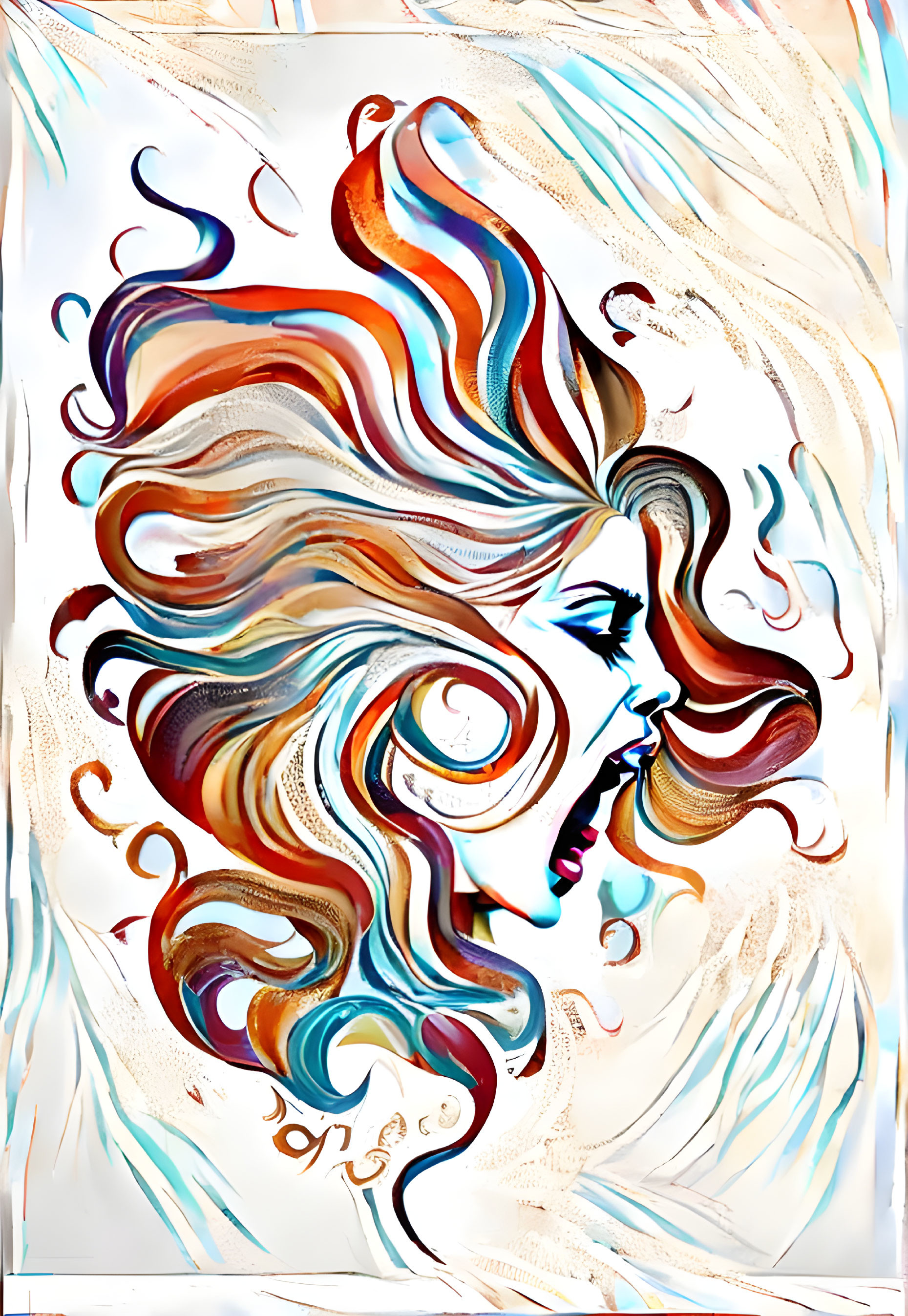 Colorful Abstract Portrait: Stylized Woman in Swirling Patterns