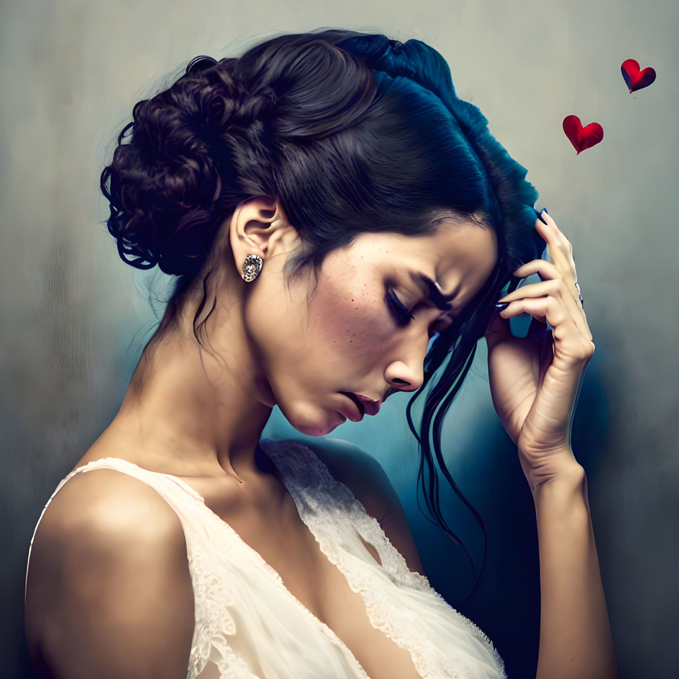 Pensive woman with intricate updo in lace garment and red hearts floating