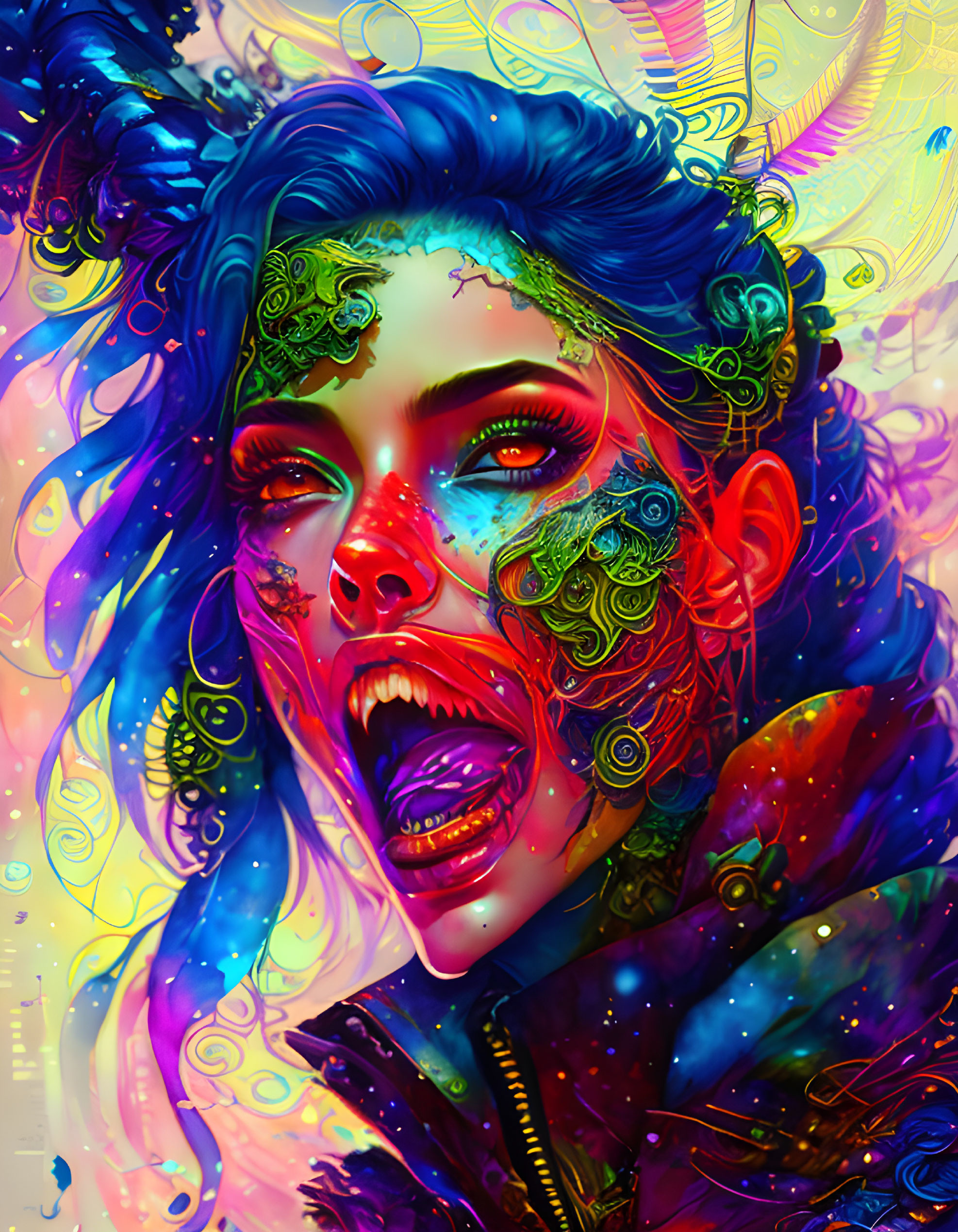 Vibrant psychedelic portrait with colorful hues and intricate patterns