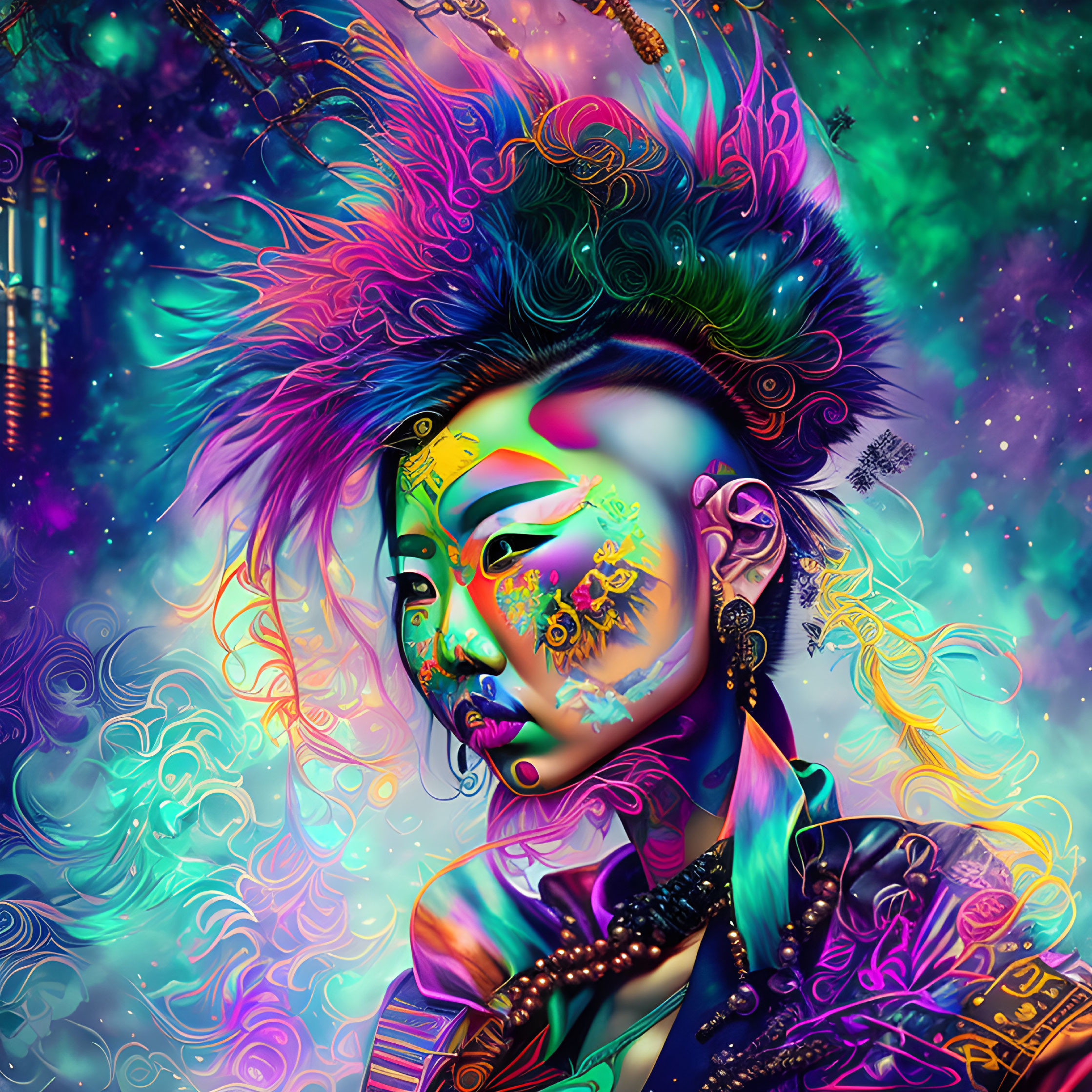 Colorful digital portrait of a person with punk style and futuristic accessories on cosmic backdrop