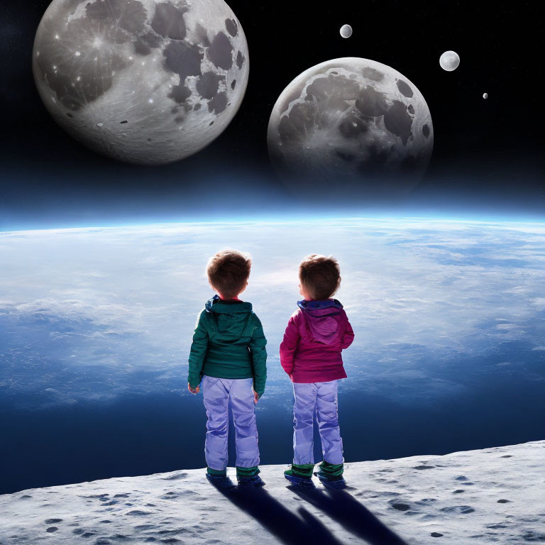 Children in Colorful Jackets on Moon's Surface Gazing at Earth and Moons