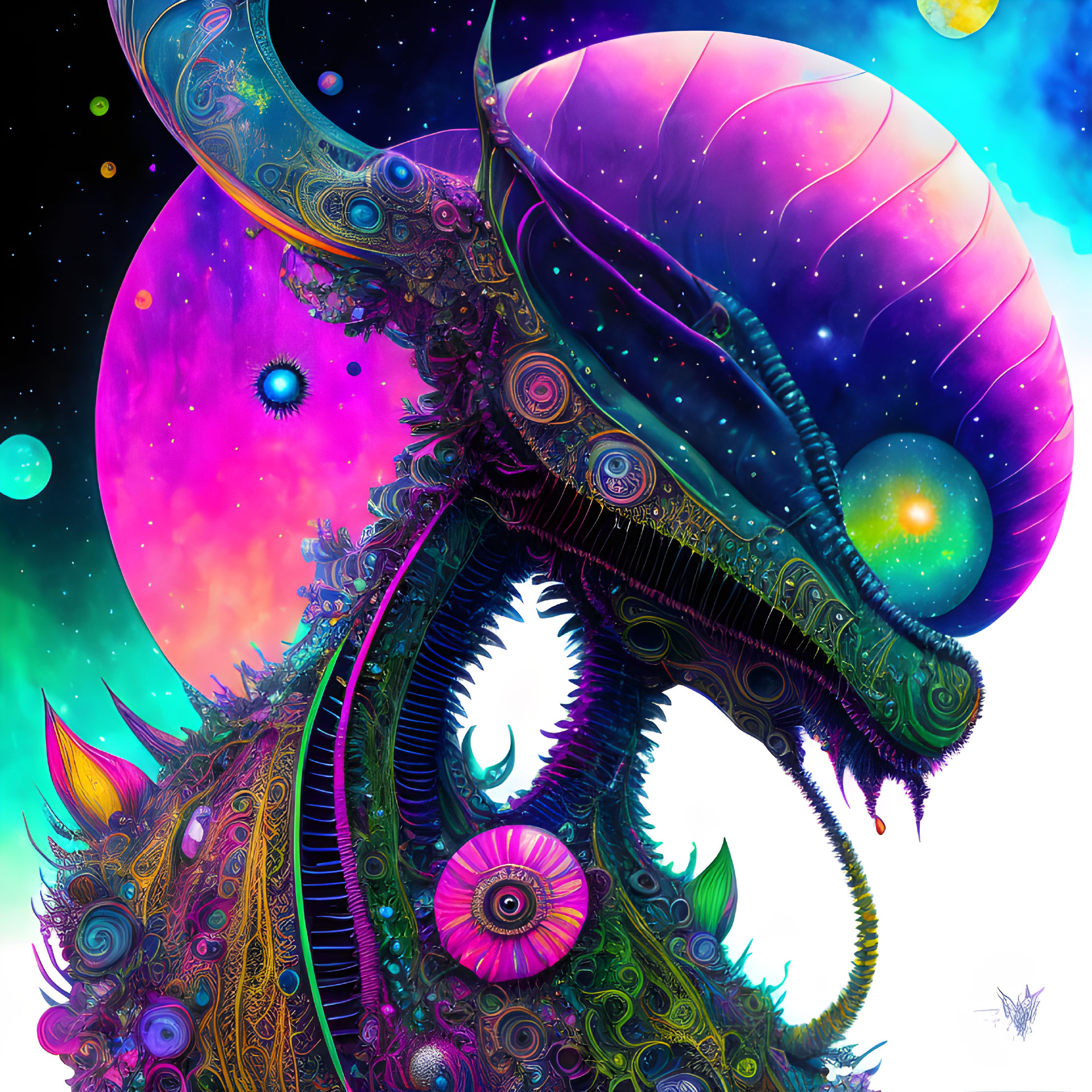 Colorful psychedelic alien creature in cosmic setting