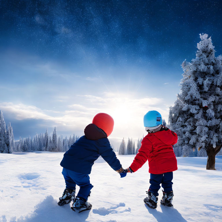 Children holding hands under starry winter sky in snowy landscape