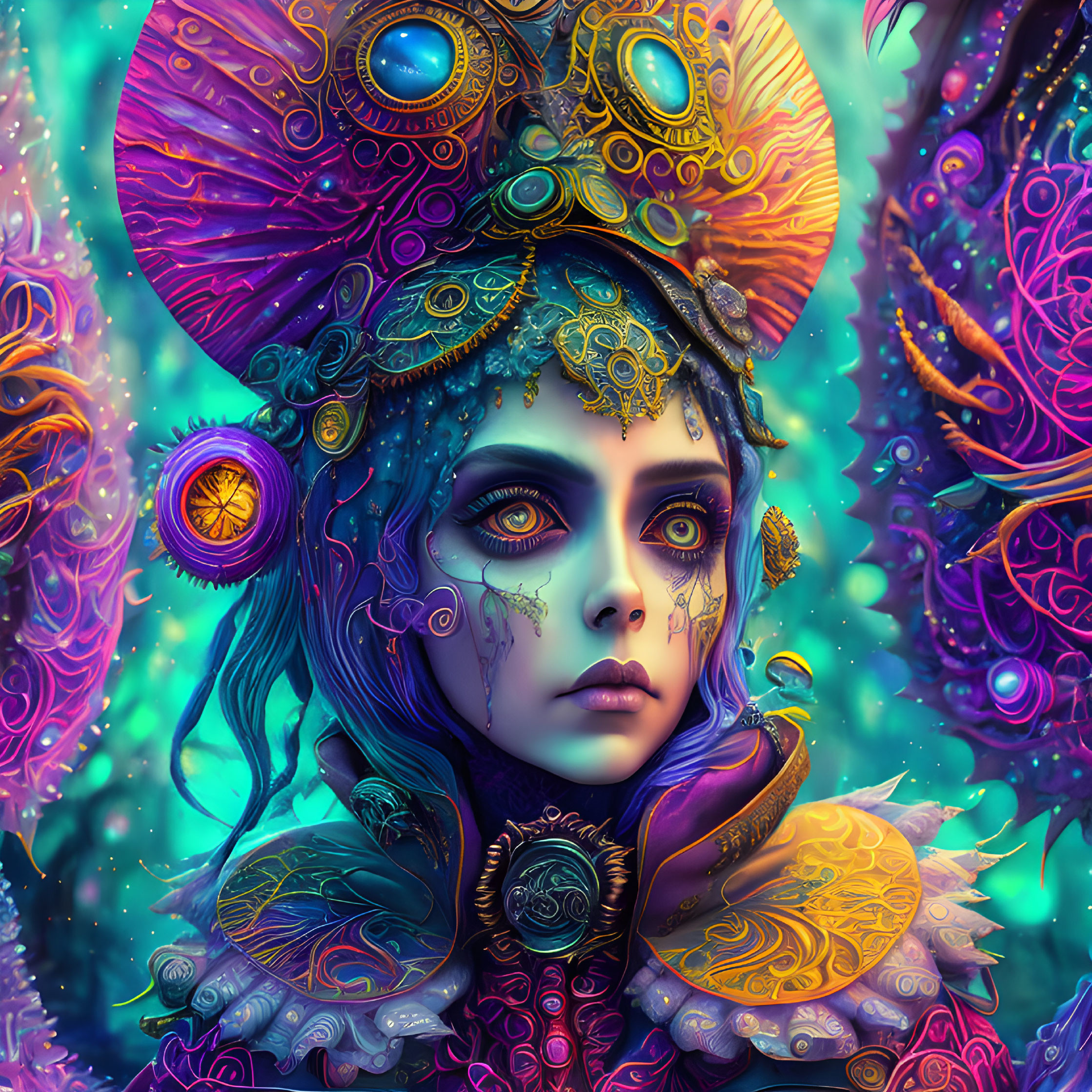 Colorful digital portrait of a woman with steampunk headgear on vibrant background