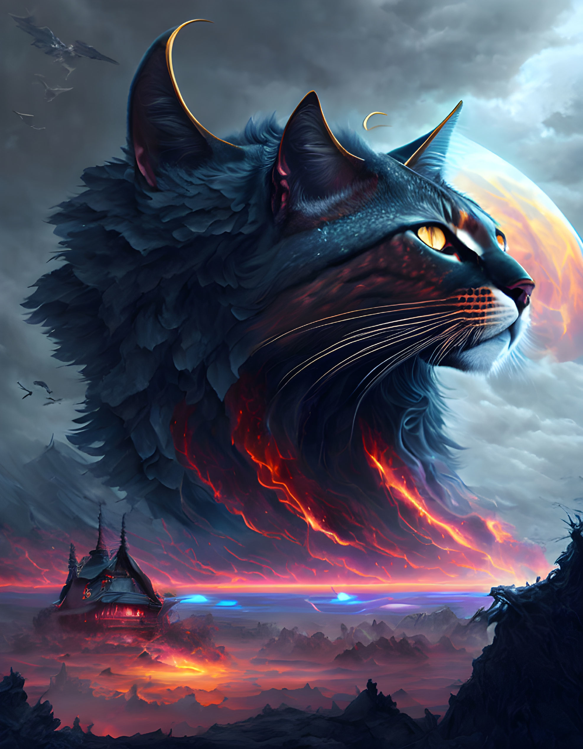 Majestic cosmic cat with glowing eyes in fantasy landscape