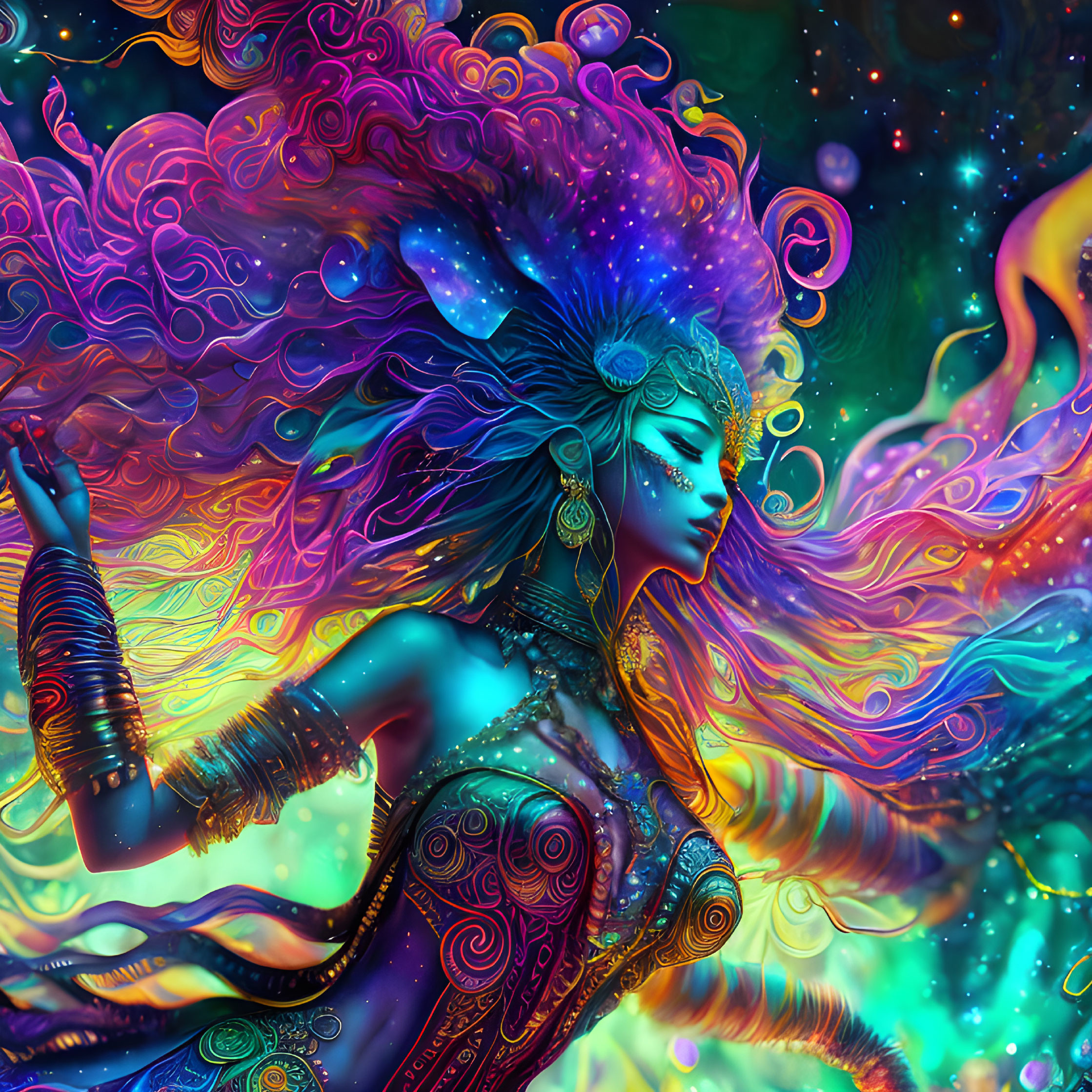 Colorful Psychedelic Woman Illustration with Cosmic Background