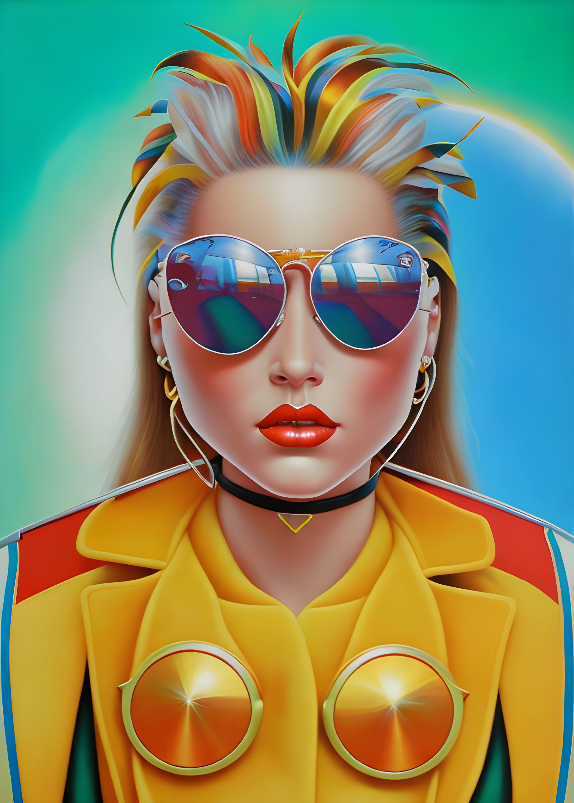 Colorful Hair Woman in Reflective Sunglasses with Yellow Outfit