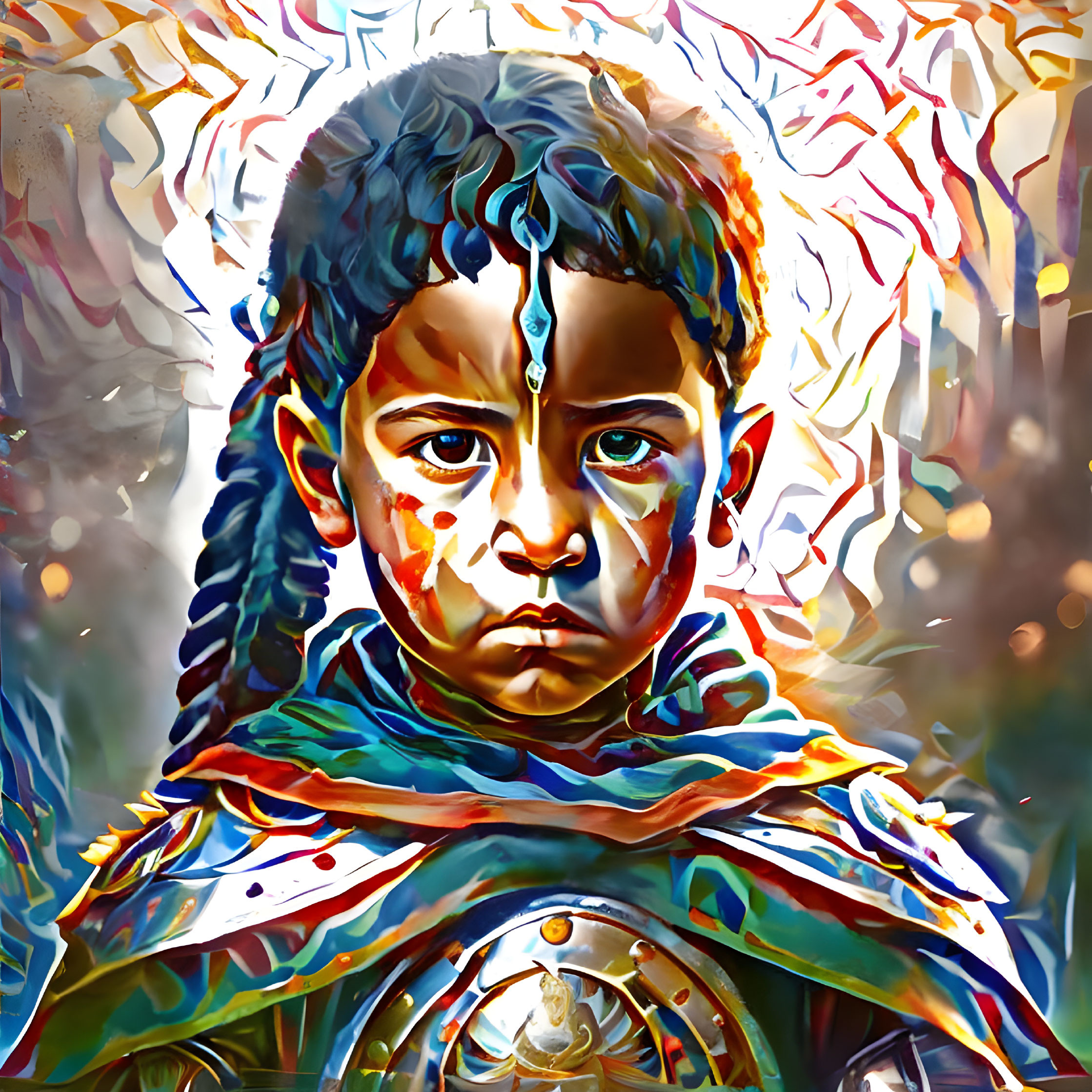 Vibrant digital artwork of child with intense gaze & tribal-inspired attire