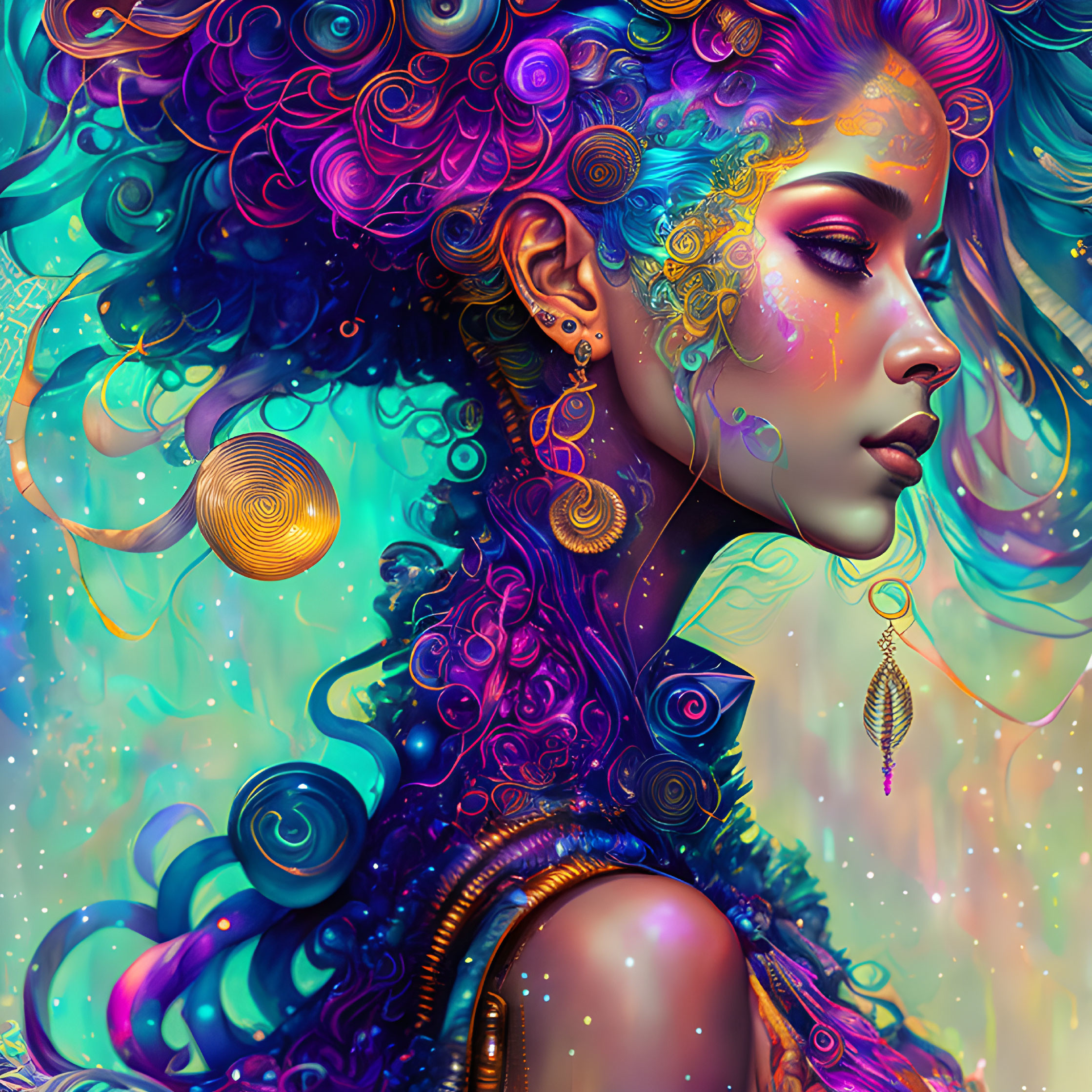 Vibrant digital artwork: Woman with intricate hair and ear decorations