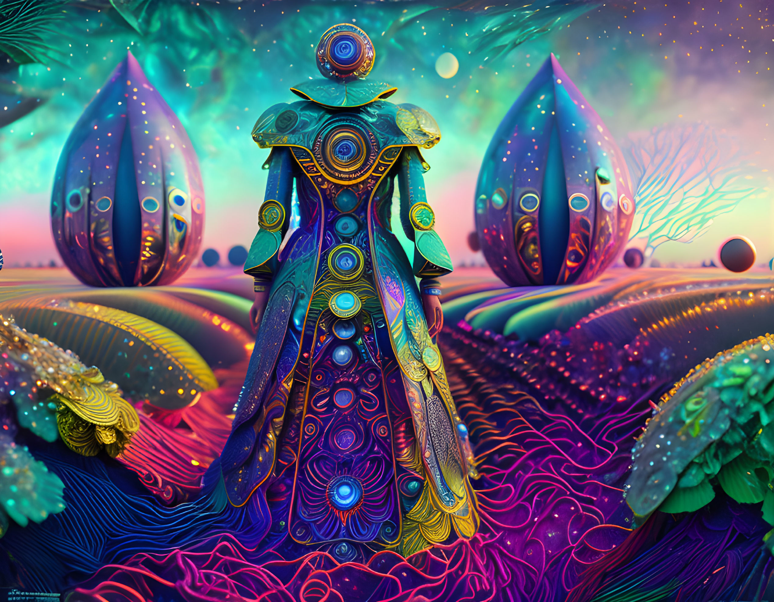 Colorful digital artwork: cosmic figure, intricate patterns, surreal alien landscape.