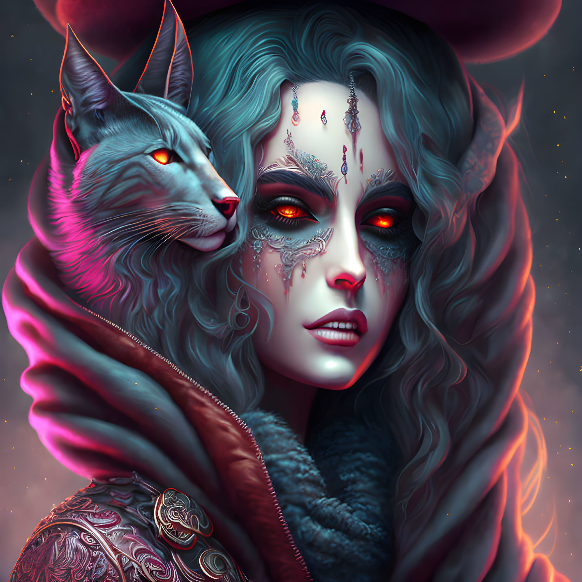 Fantasy illustration of pale woman with red eyes and intricate facial markings, accompanied by cat with matching eyes