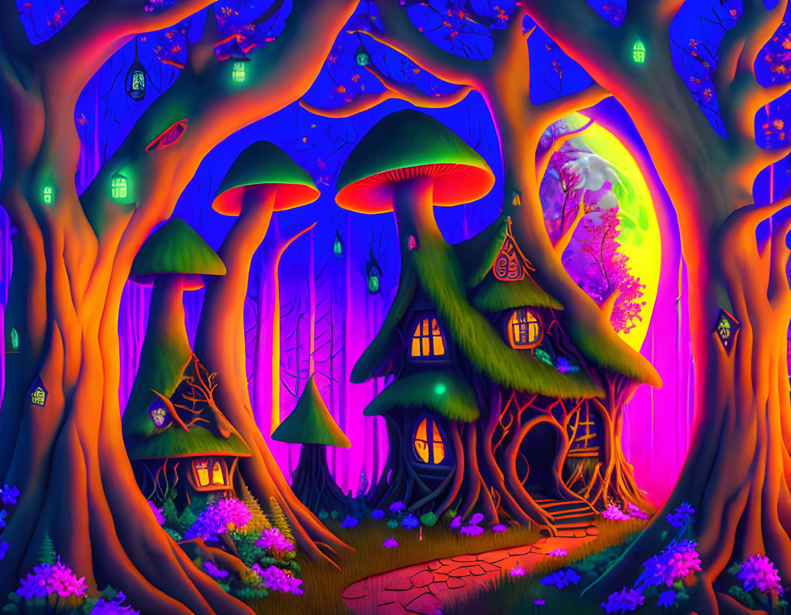 Enchanting fantasy forest with mushroom houses under full moon