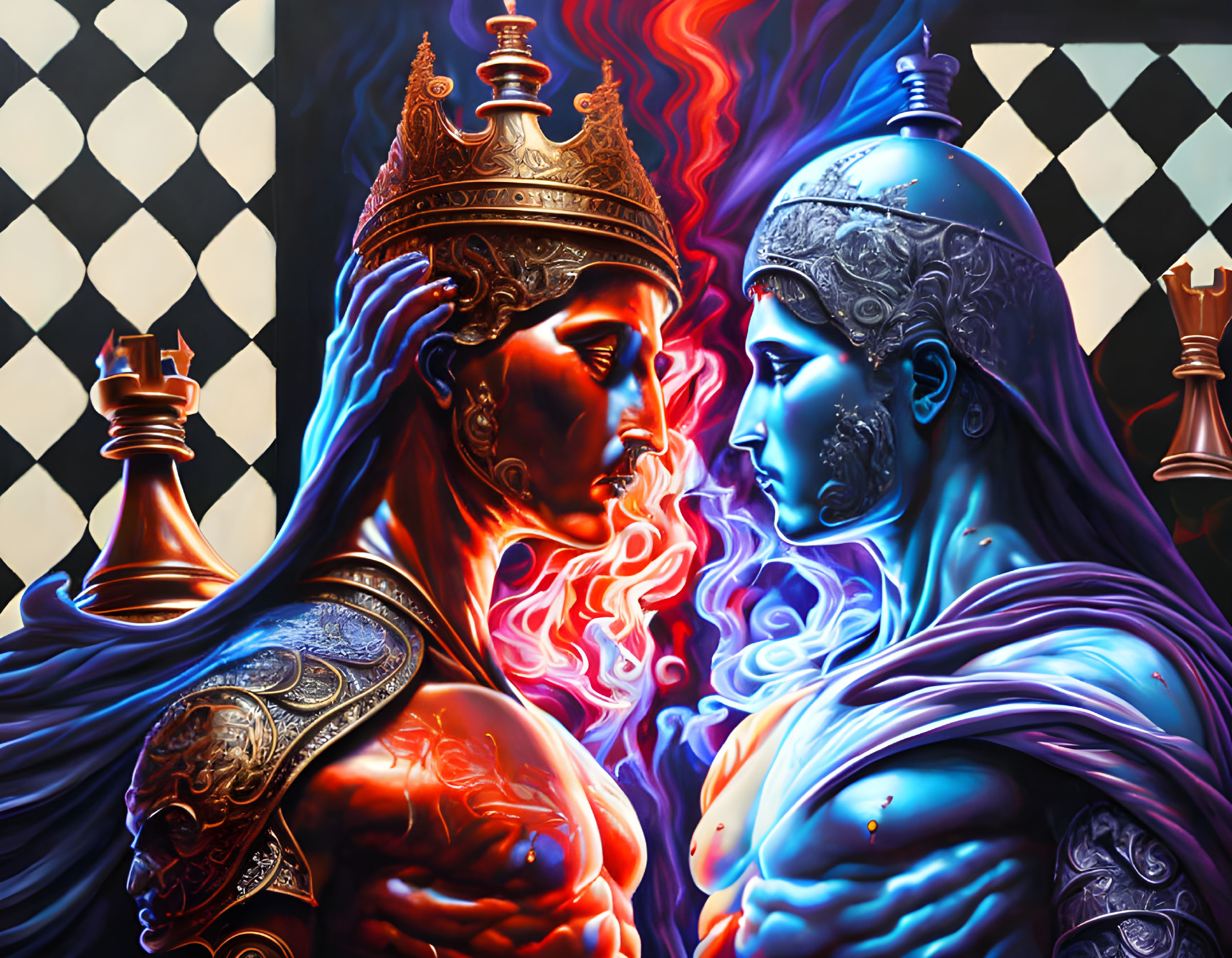 Colorful digital artwork of king and queen with chess motif