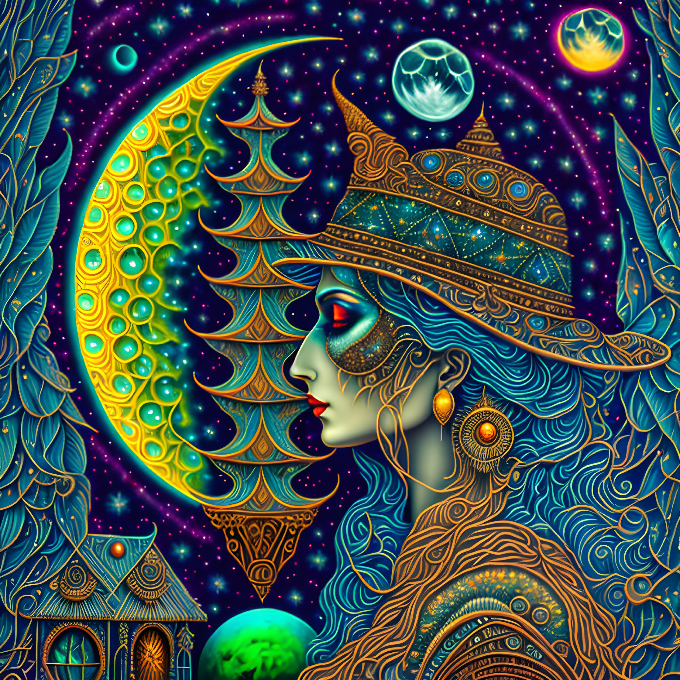 Colorful woman's profile with celestial and fantasy elements